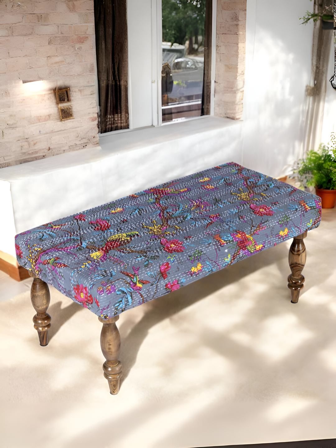 Ikiriya Grey & Pink Wood Mid Century 2 Seater Bench