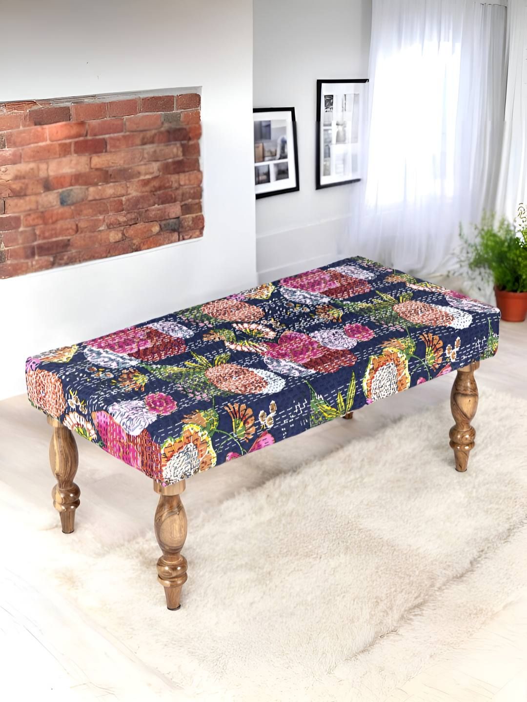 Ikiriya Blue & Pink Wood Mid Century 2 Seater Bench