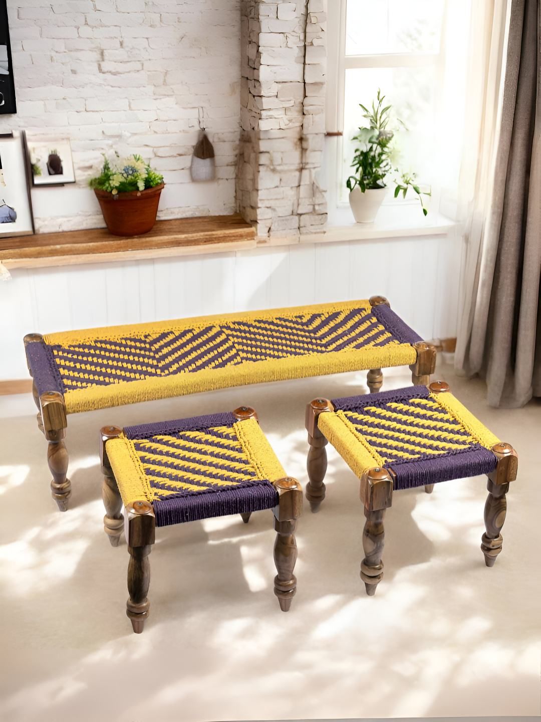 Ikiriya Sheesham Wood 2 Seater Maachi Bench set with 2 Stools Yellow & Purple Rope Canning