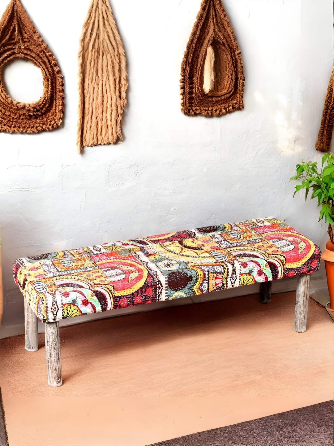 Ikiriya Red & Orange 3-Seater Patchwork Kantha Bench