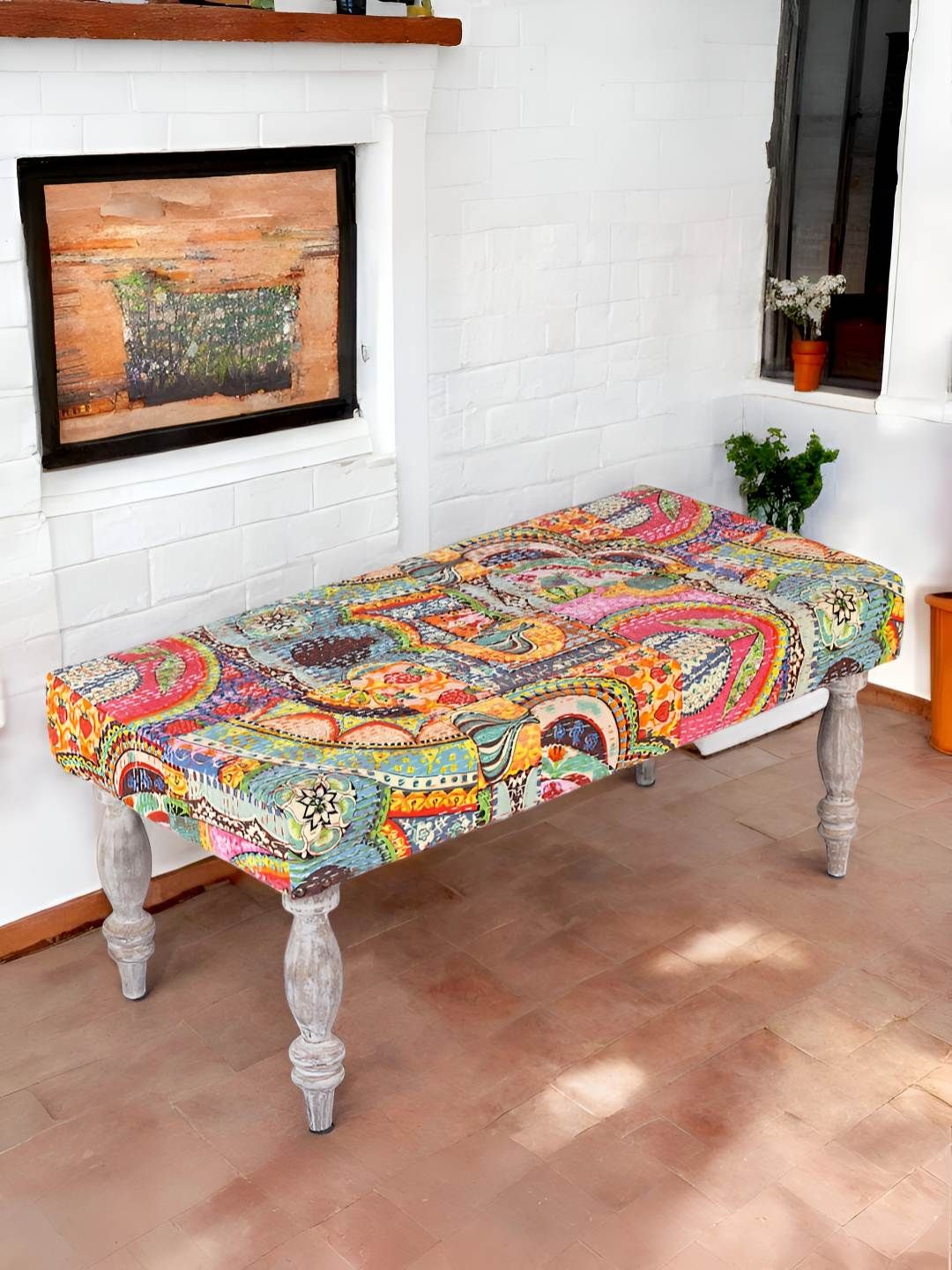 Ikiriya Yellow & White Printed Wood Bohemian 2 Seater Bench