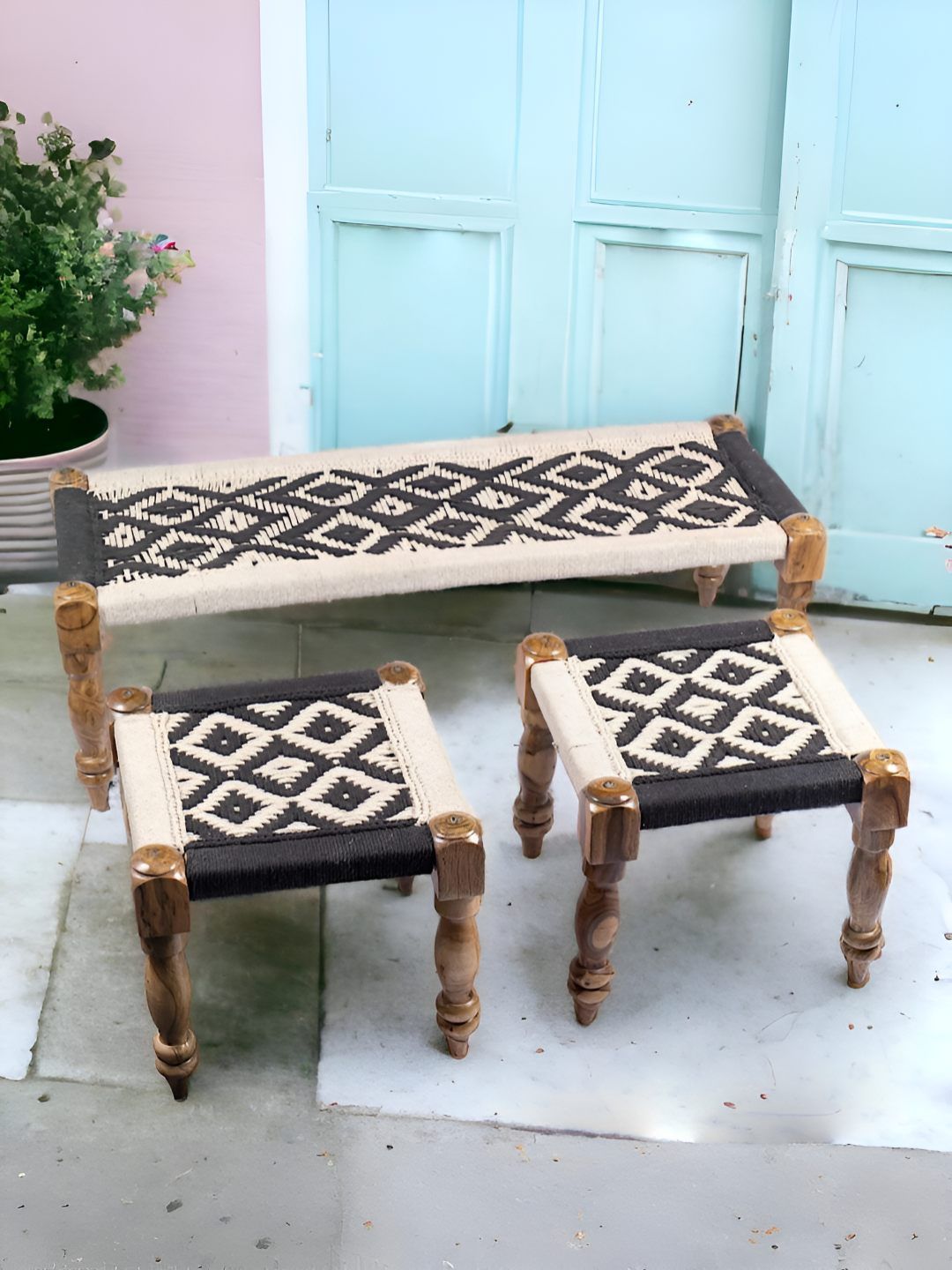 Ikiriya Black & White 3+1+1 Seater Maachi Bench Set with 2 Stools