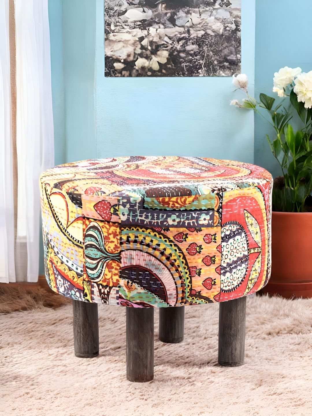 Ikiriya Red & Brown Embroidered Round Ottoman-picture-36