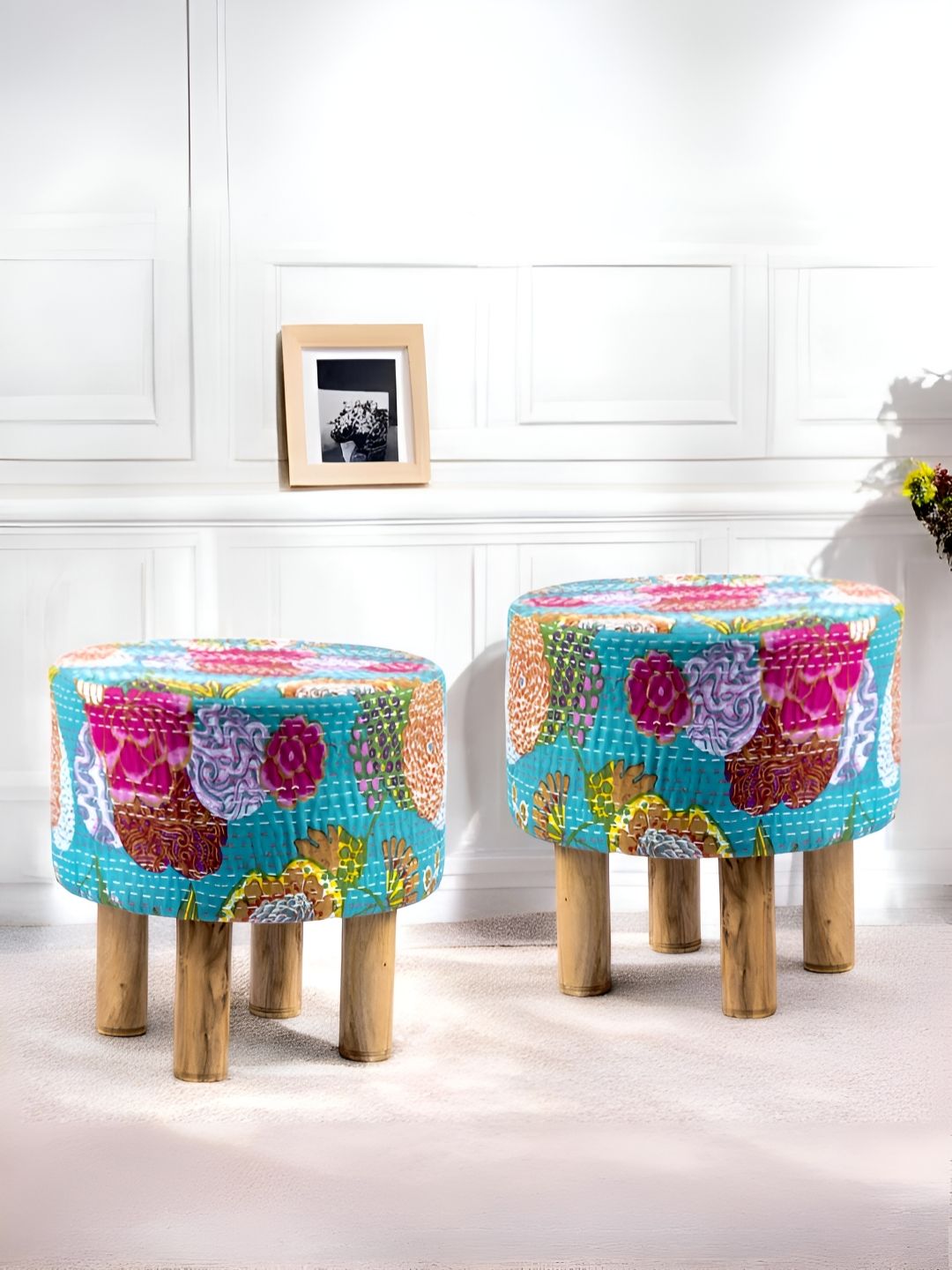 Ikiriya 2-Pcs Sea Green & Brown Embroidered Round Ottoman-picture-25
