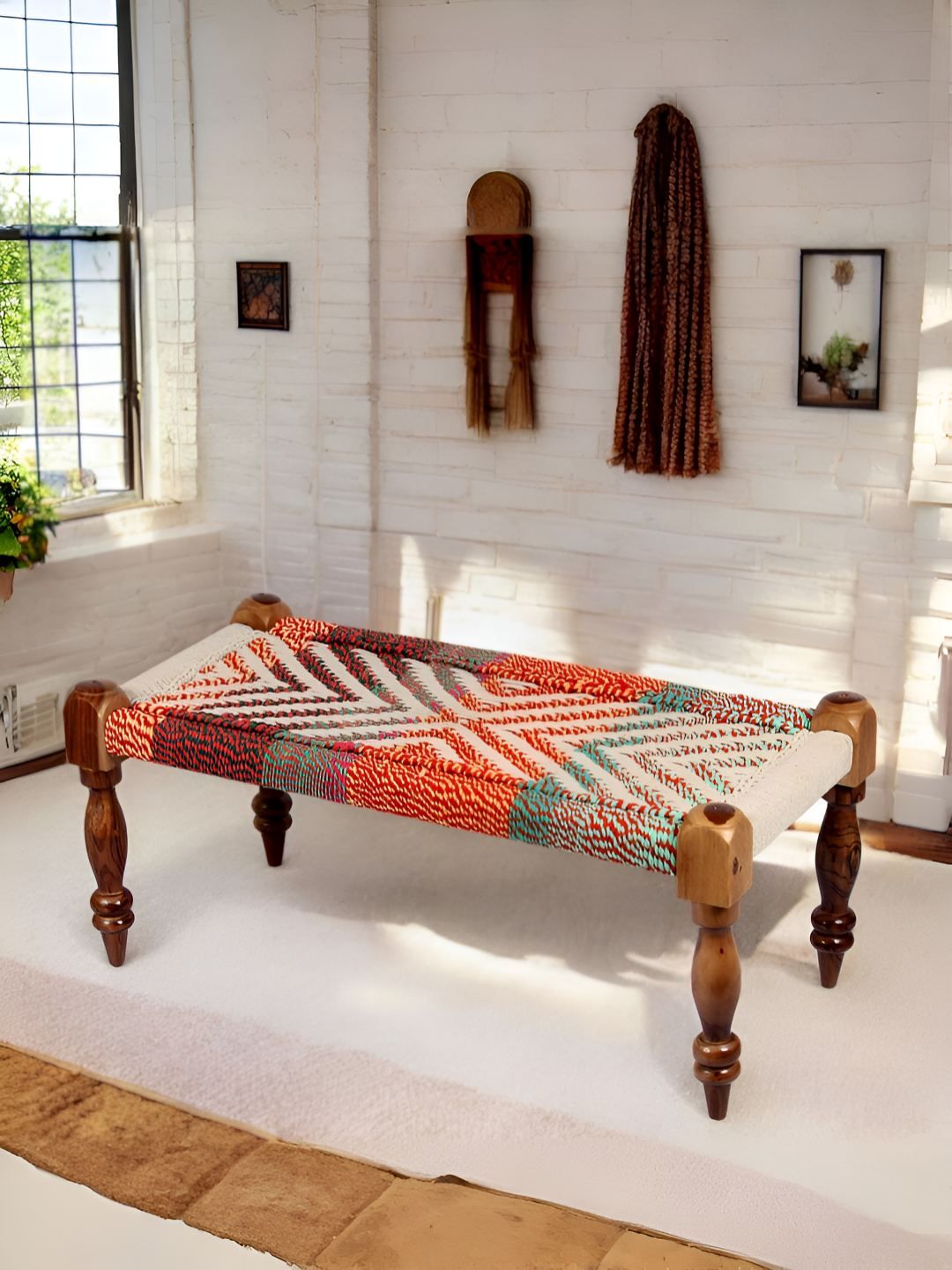 Ikiriya Orange & White Wood Vintage 2 Seater Maachi Bench