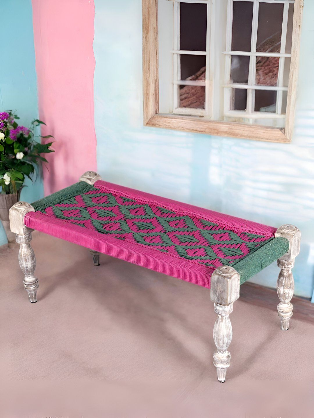 Ikiriya Oakville Sheesham Wood Vintage 2 Seater Maachi Bench in Green & Pink Rope Canning-picture-28
