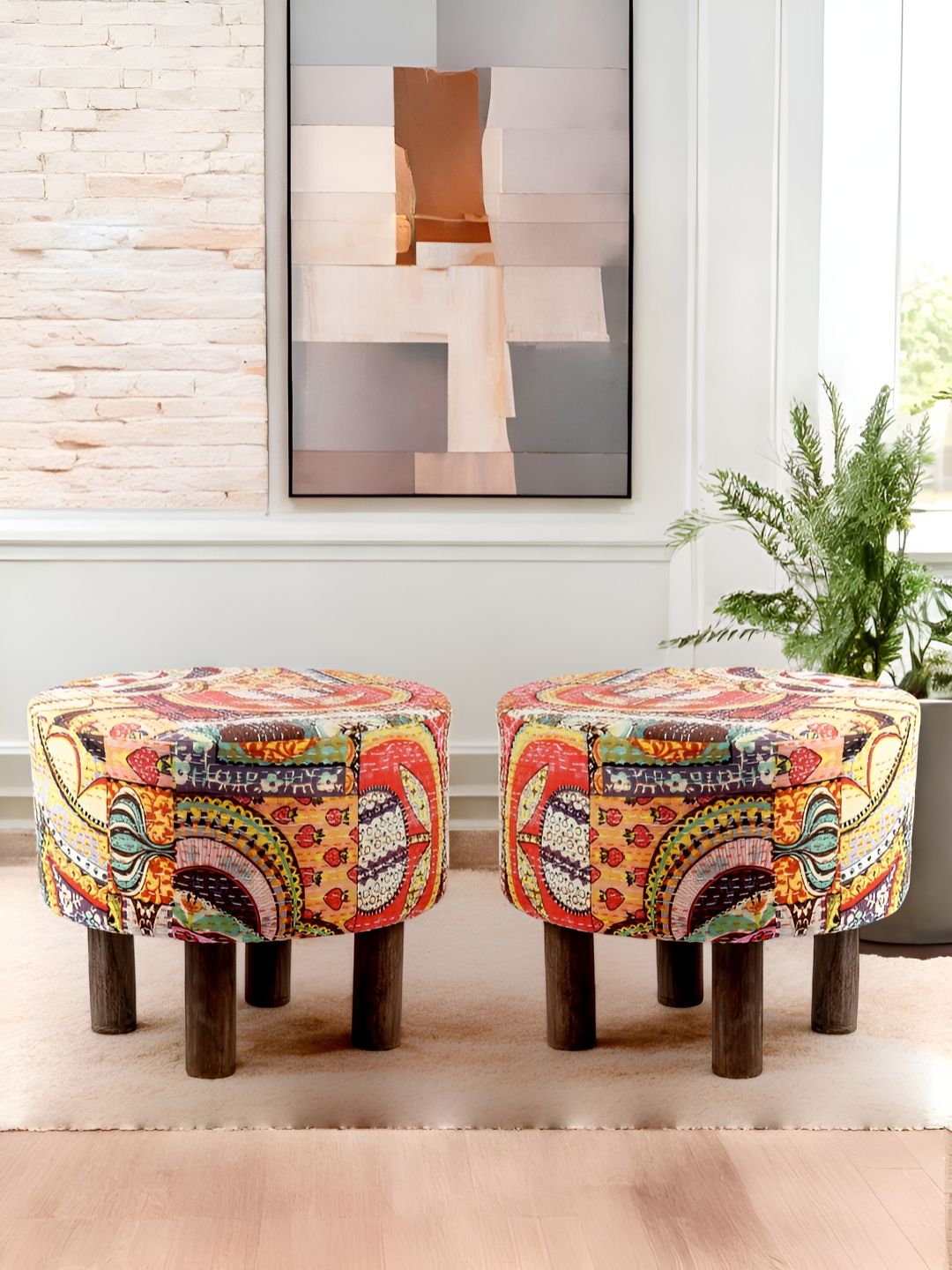 Ikiriya 2-Pcs Red & Blue Printed Wooden Round Ottomans-image-24