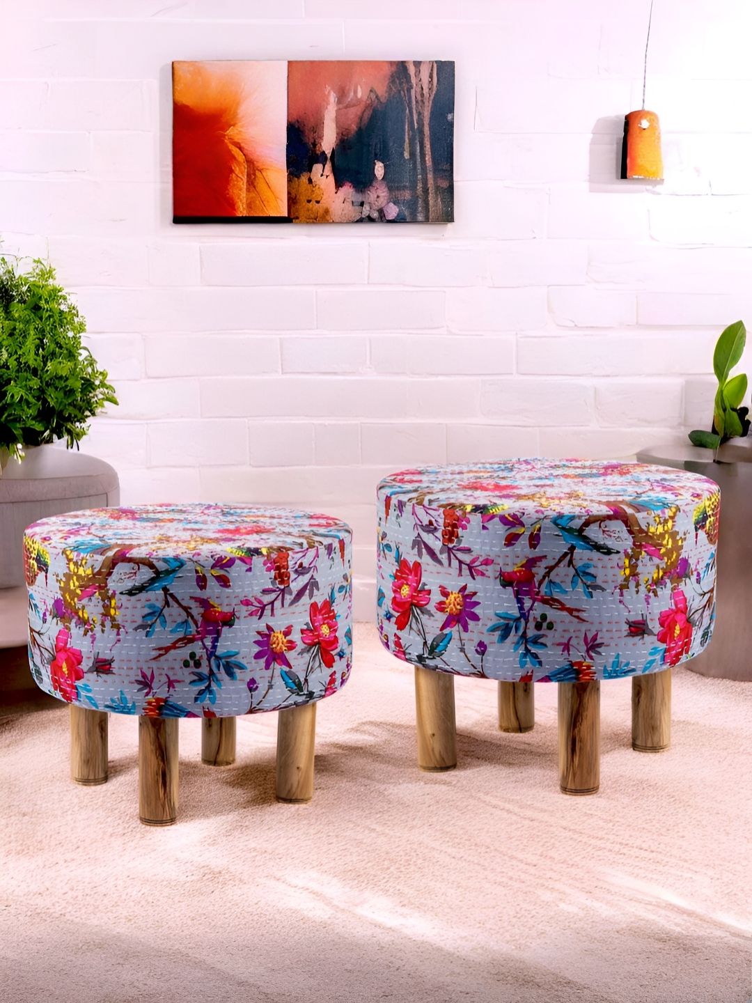 Ikiriya 2-Pcs Grey & Brown Embroidered Round Ottoman-picture-16