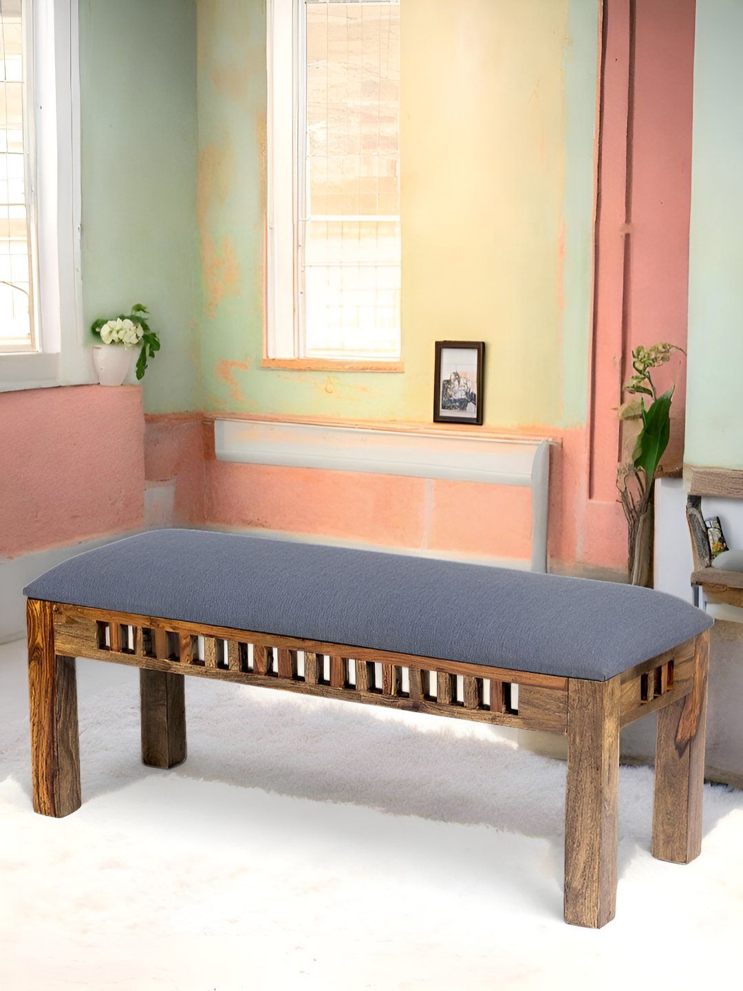 Ikiriya Grey & Brown Wood Accent 3 Seater Bench