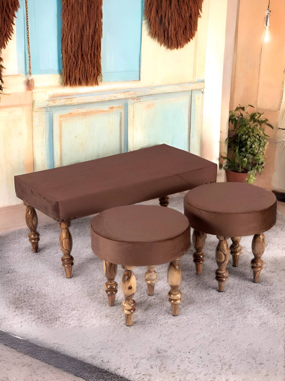 Ikiriya Bestone Brown Sheesham Wood Accent 2-Seater Bench With 2 Stools