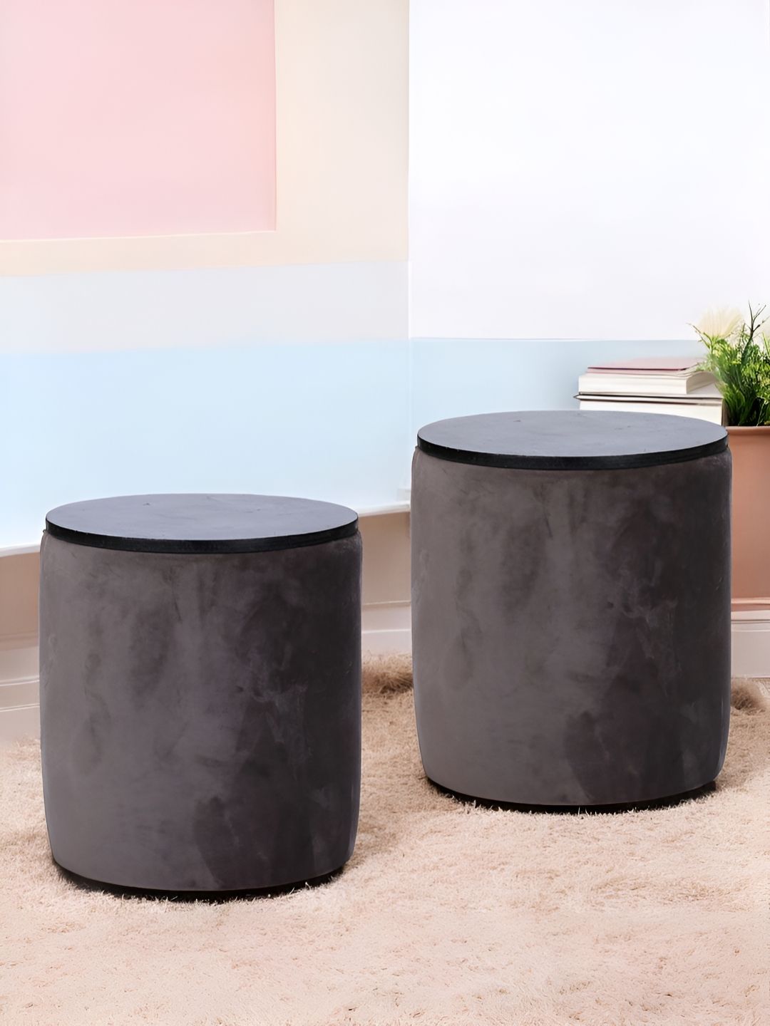 Ikiriya 2-Pcs Brown Velvet Round Ottomans-image-34