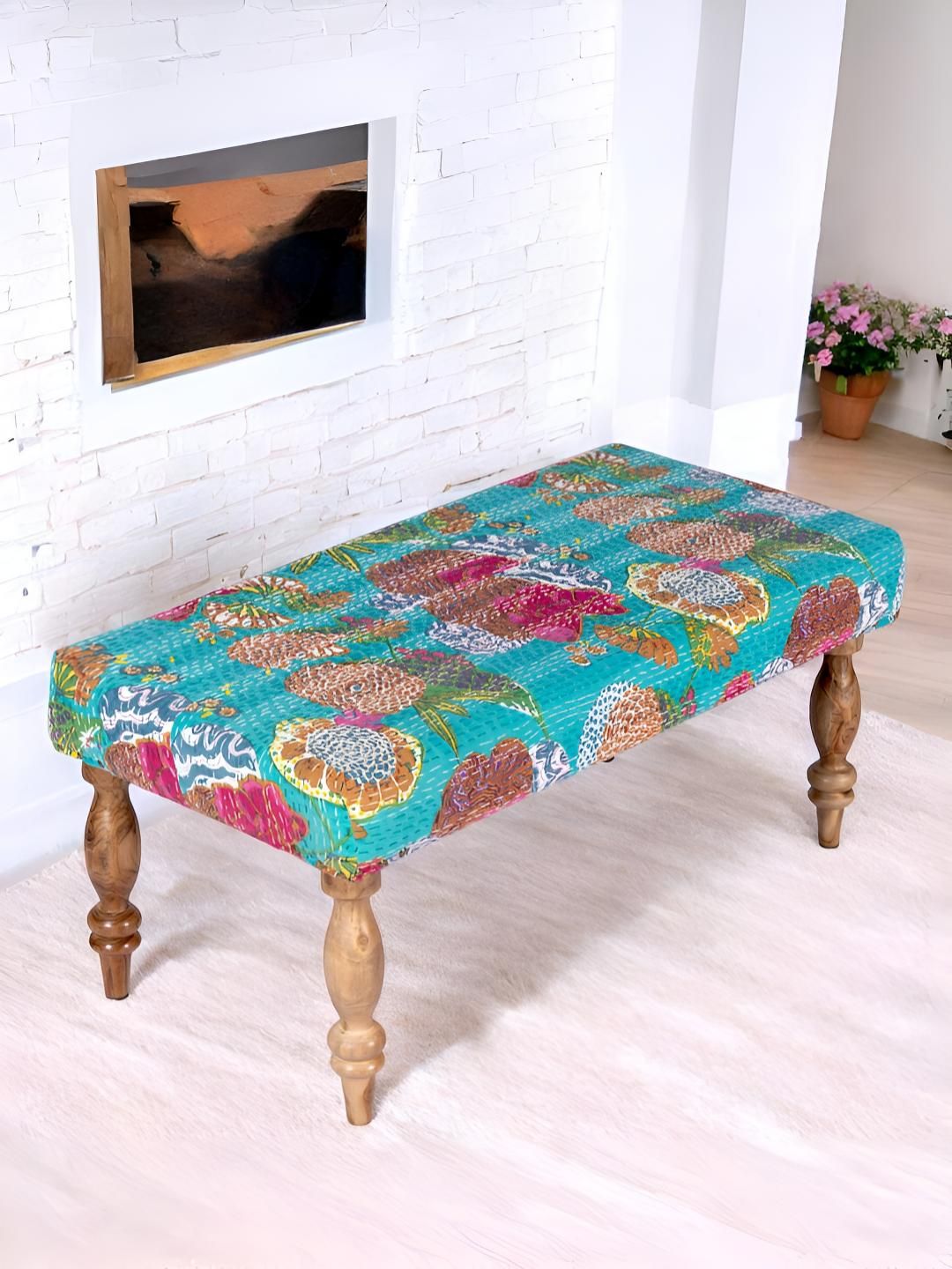 Ikiriya Sea Green & Pink Wooden 2 Seater Bench