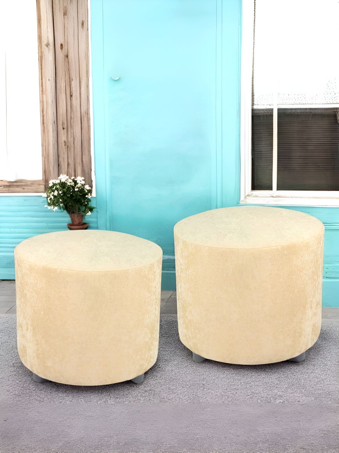 Ikiriya 2-Pcs Beige Velvet Round Ottomans-image-47