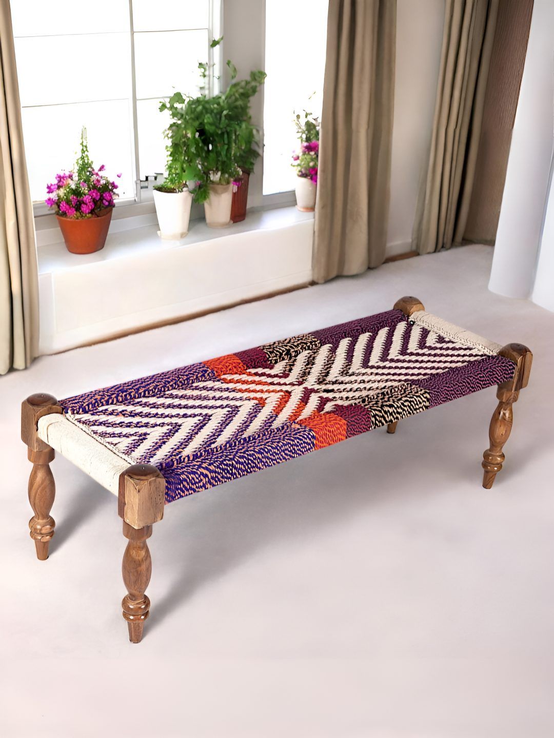 Ikiriya White & Purple Wood Vintage 3 Seater Maachi Bench
