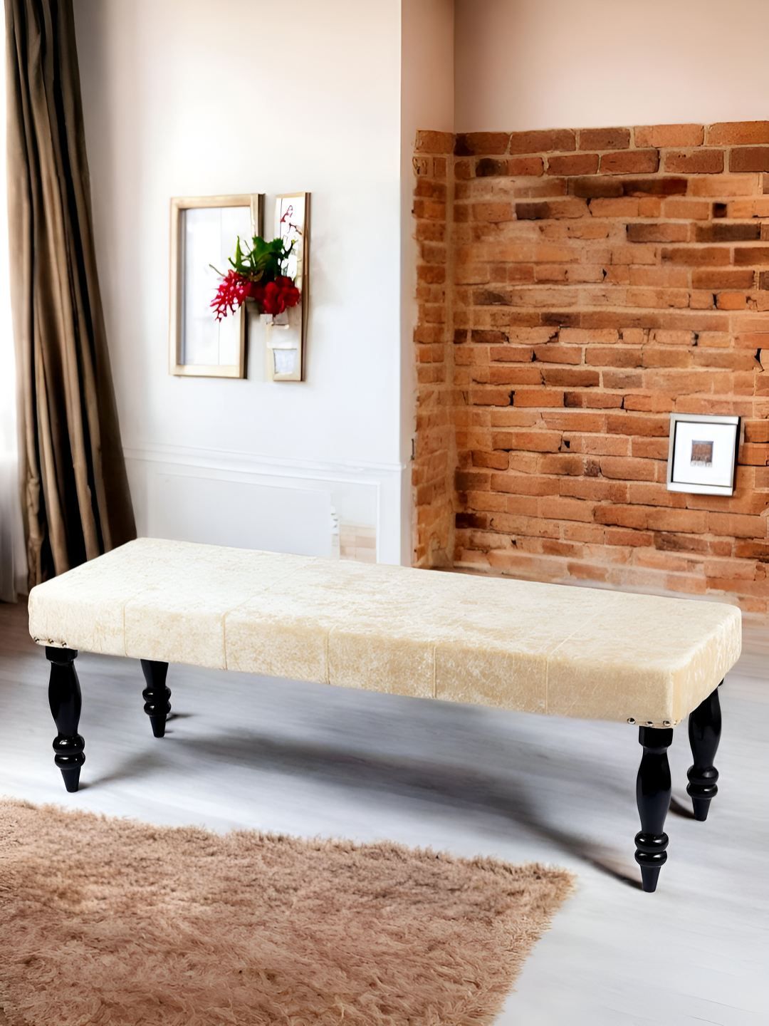 Ikiriya Bestone Solid Wood 3 Seater Bench in Beige Sparkle Velvet
