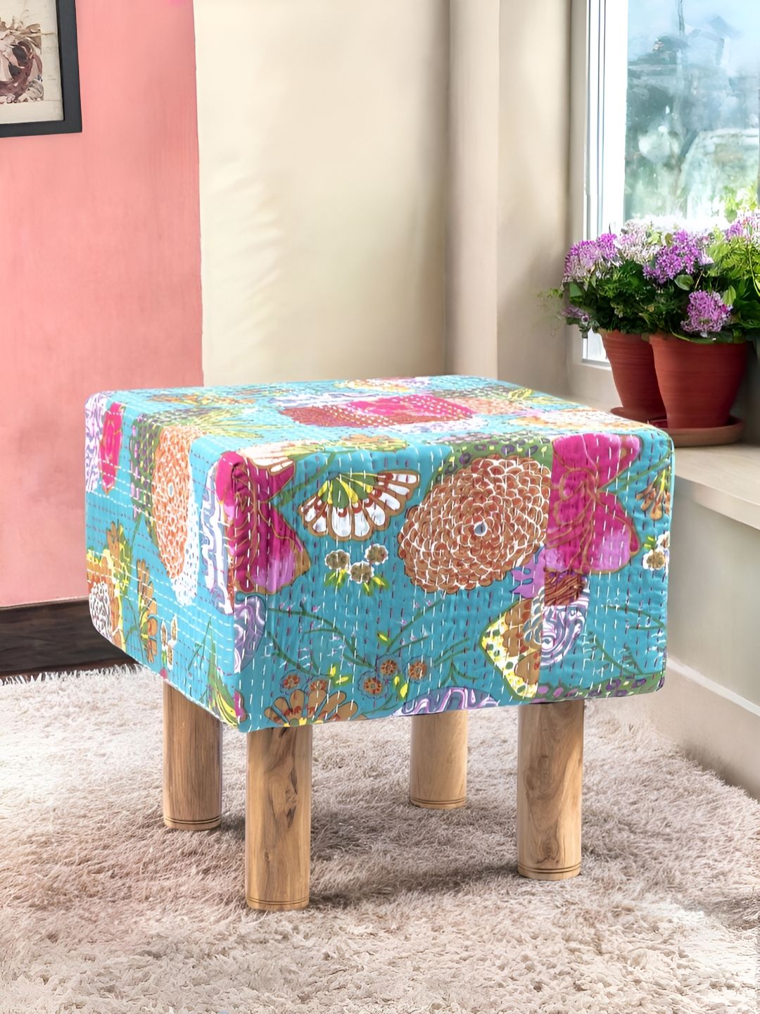 Ikiriya Green & Pink Embroidered Square Ottoman