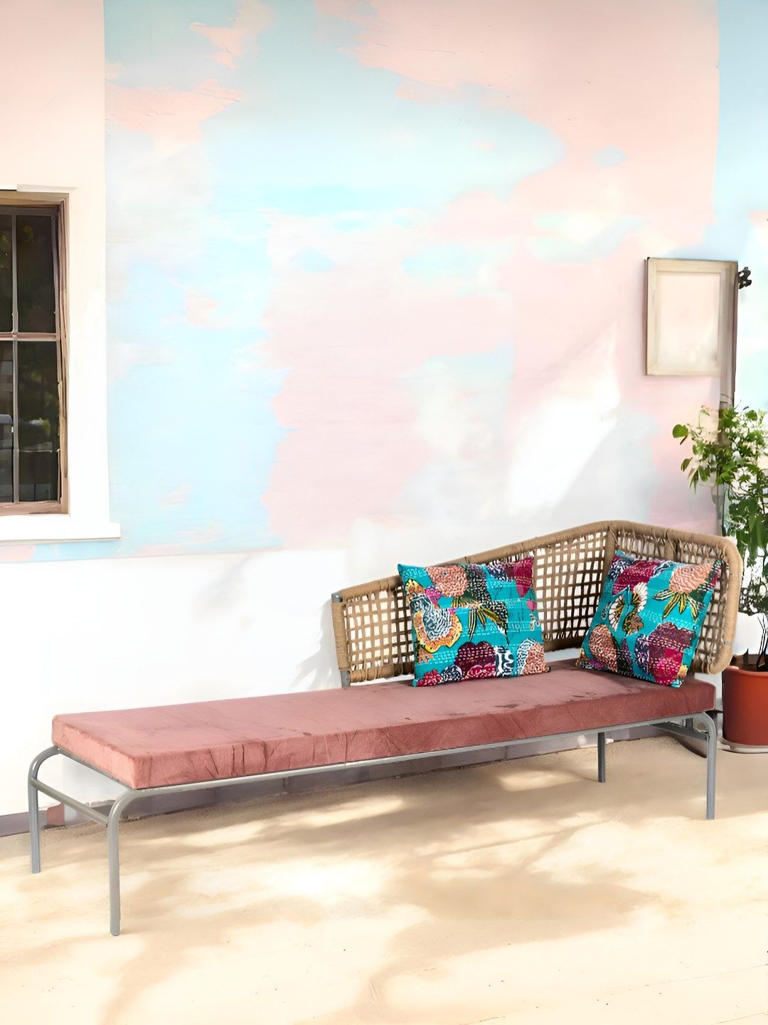 Ikiriya 3Pcs Peach & Blue Textured Sheesham Wood 4 Seater Anti Skid Bench With Cushions