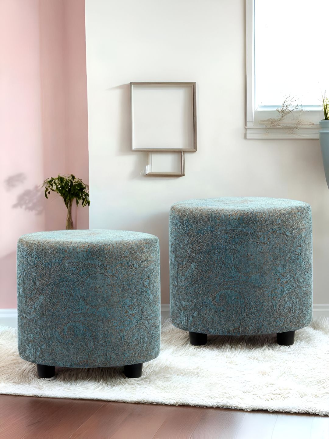 Ikiriya 2-Pcs Blue & Brown Woven Design Round Ottoman-image-13