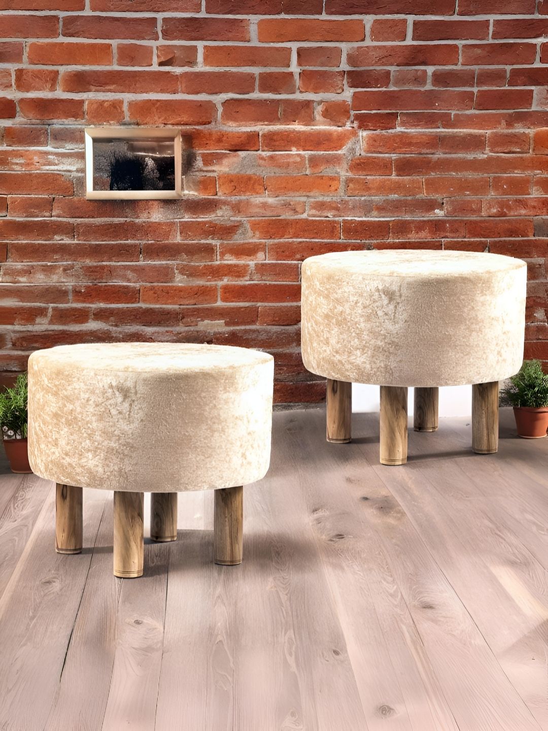 Ikiriya 2-Pcs Beige Velvet Round Ottomans-image-13