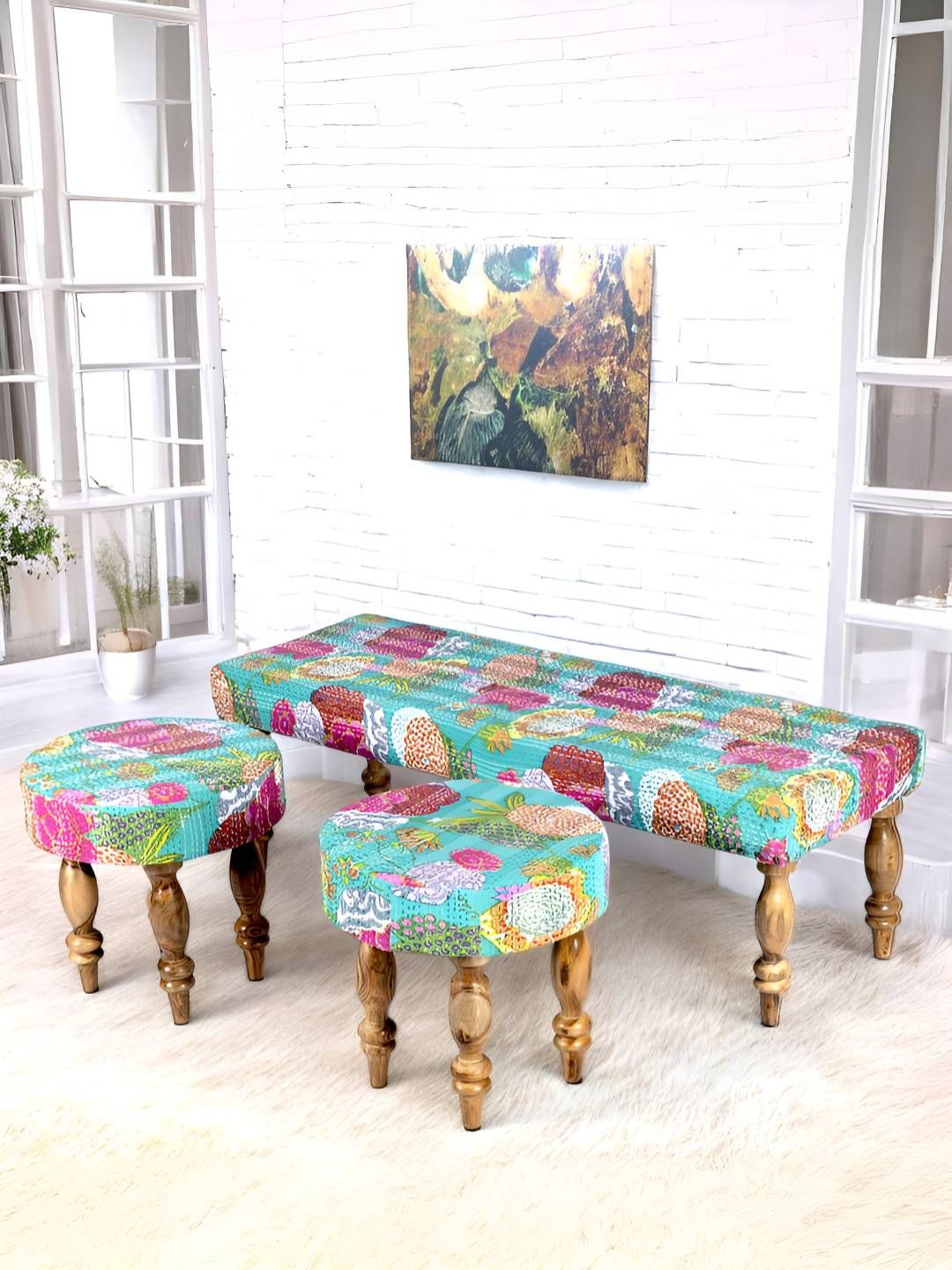 Ikiriya Green & Pink Mid Century Seater Bench Set with 2 Stools