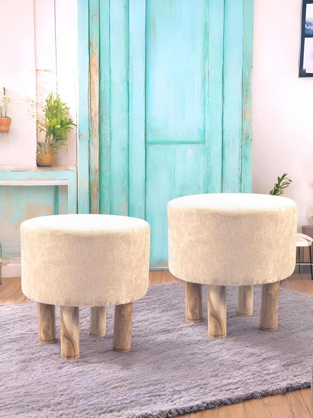 Ikiriya 2-Pcs Beige Printed Wooden Round Ottomans-picture-23