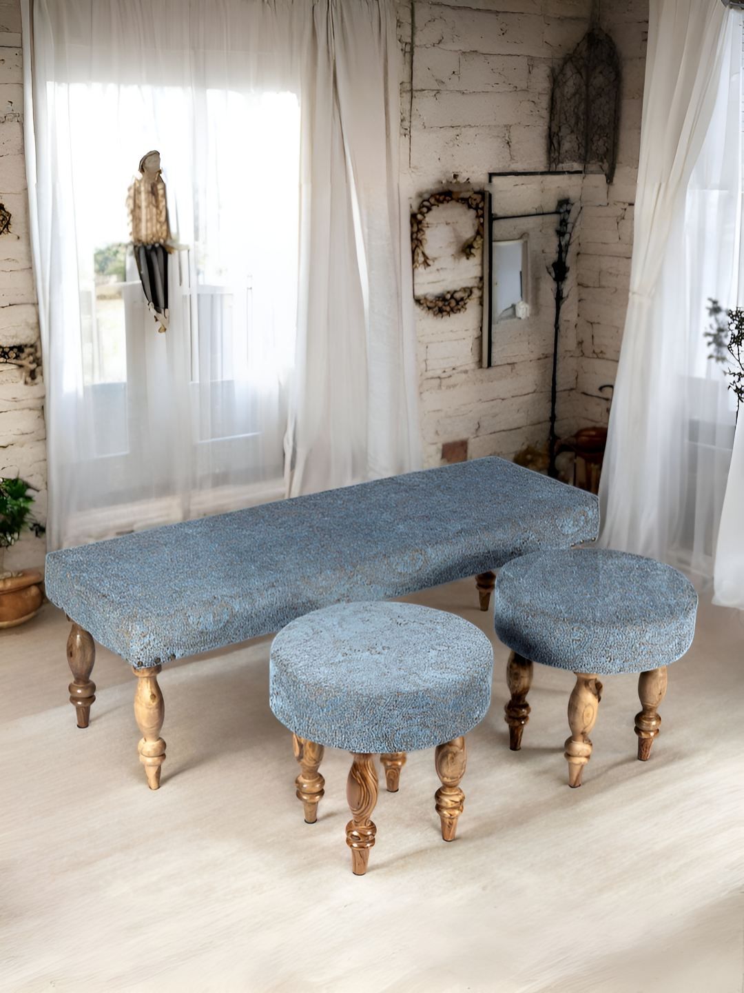 Ikiriya 3-Pcs Beige Textured Wood Anti Skid Bench With Stools