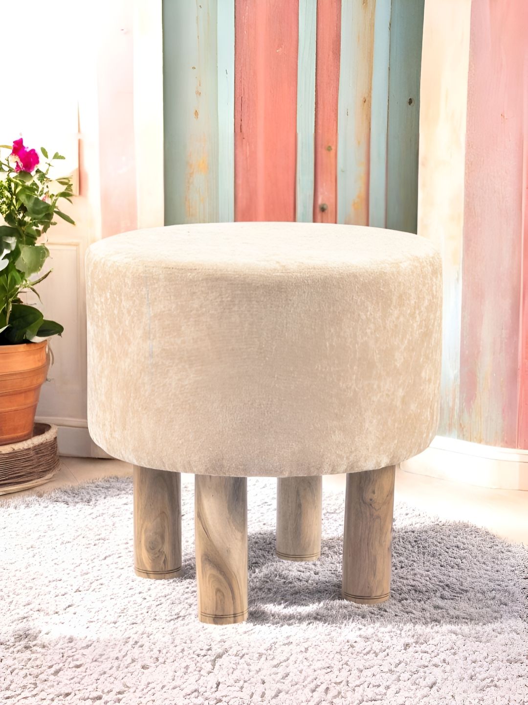 Ikiriya Beige Velvet Round Ottomans