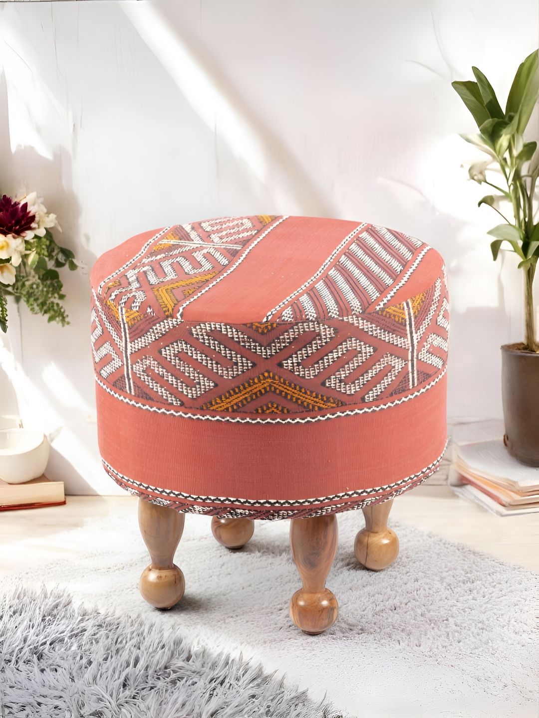 Ikiriya Red & Brown Woven Design Round Ottoman