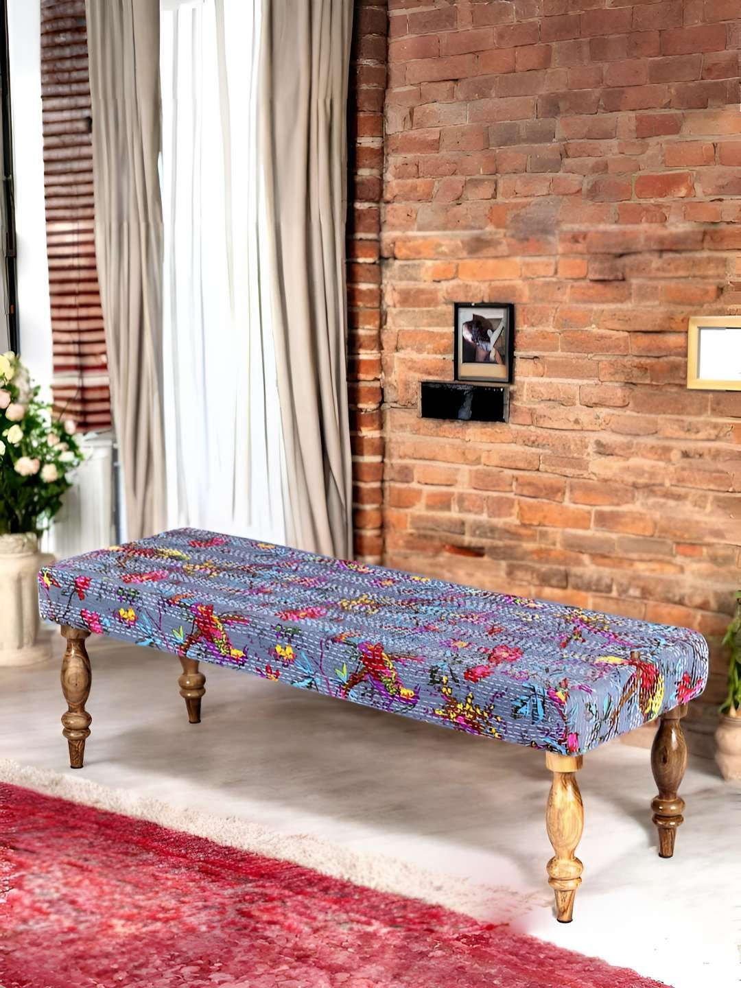 Ikiriya Grey & Red Sheesham Wood Printed 3 Seater Bench