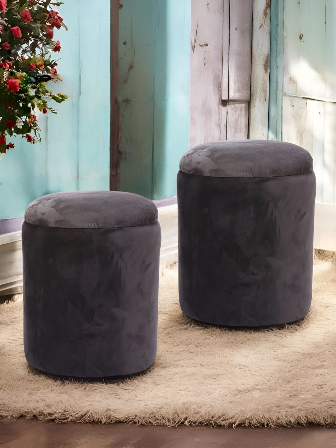 Ikiriya 2-Pcs Brown Velvet Round Ottomans-picture-16