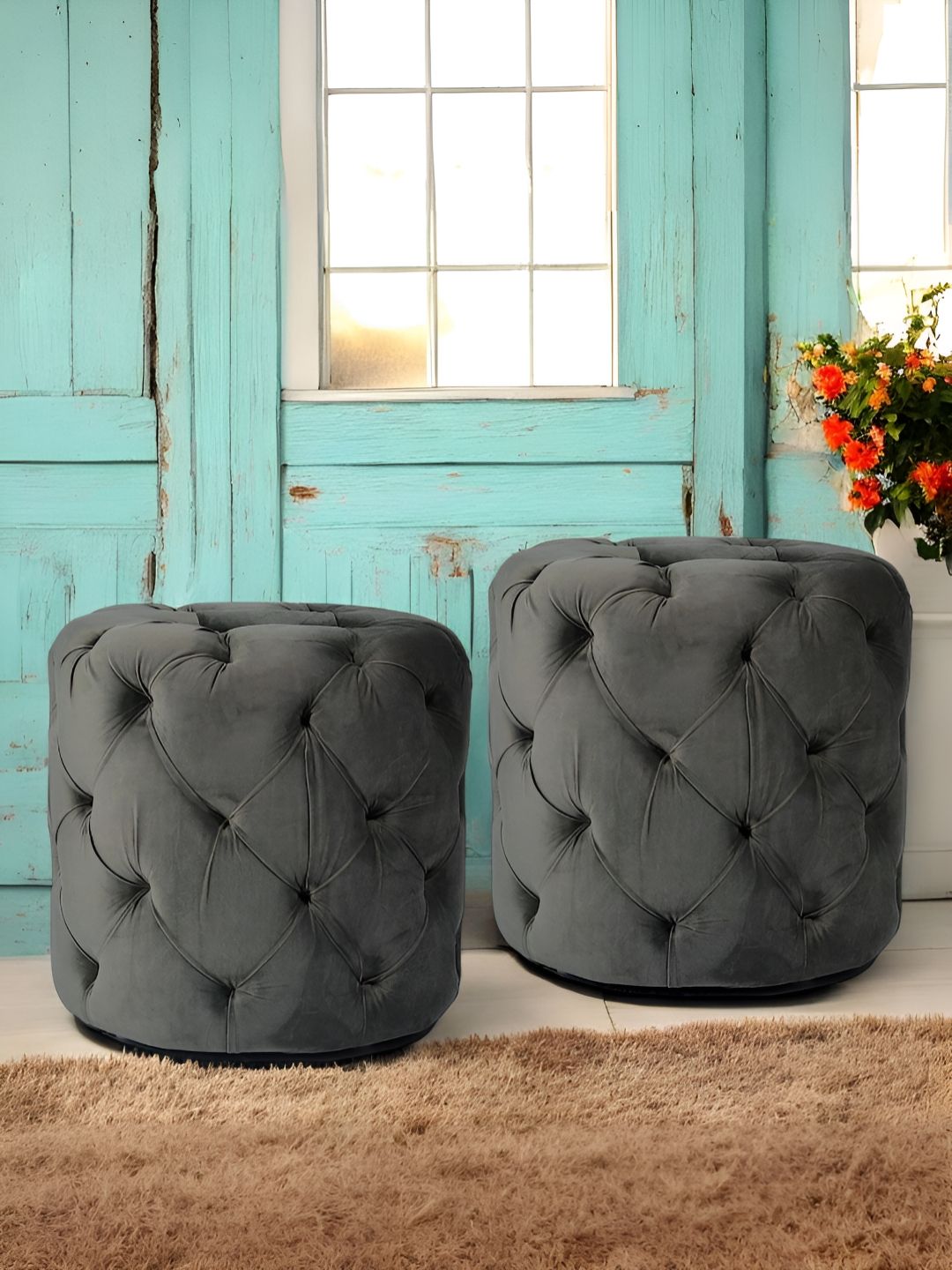 Ikiriya 2-Pcs Grey Wooden Round Ottomans-picture-44