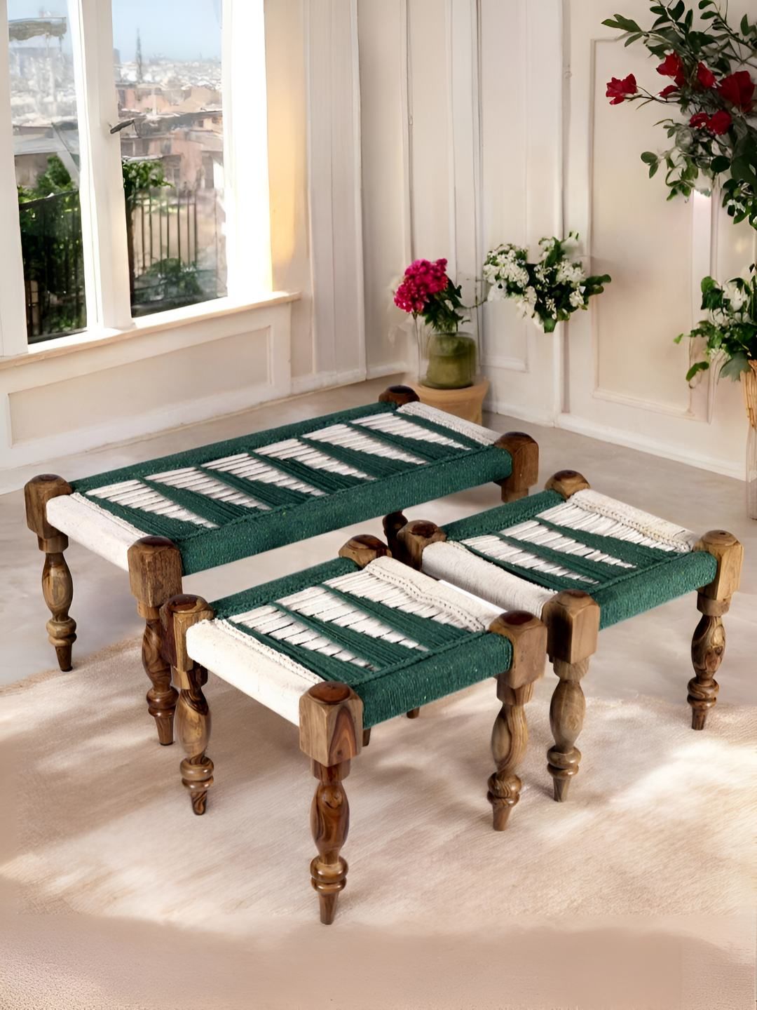 Ikiriya Green & White Wooden Bench With 2 Stools