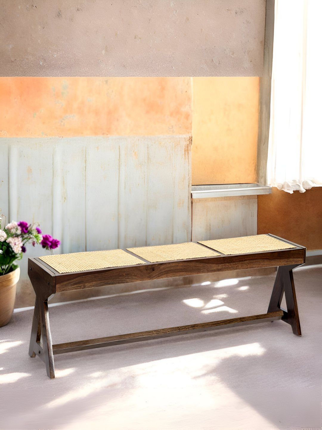 Ikiriya Beige & Brown Wood Mid Century 3 Seater Bench-image-0
