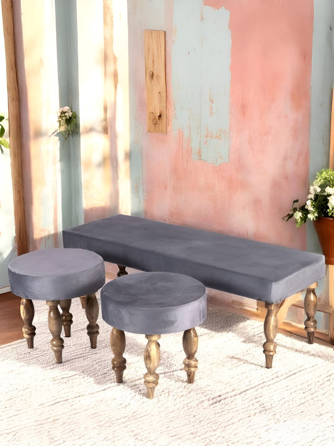 Ikiriya Grey & Brown Wooden 3 Seater Tufted Bench & Stools