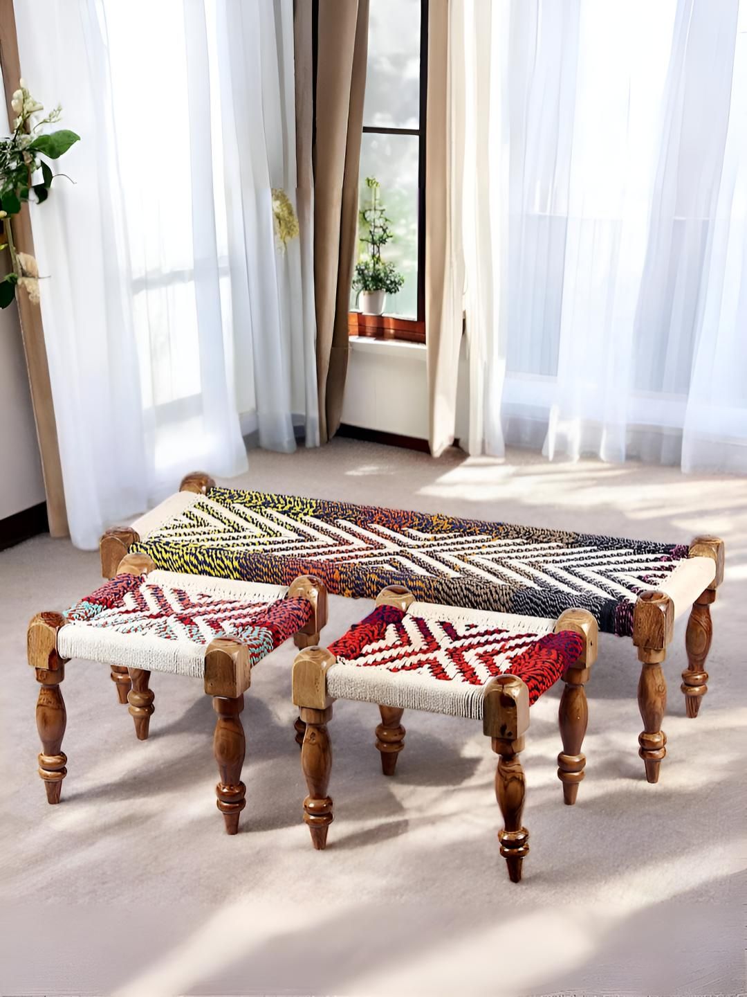Ikiriya Brown & Red Maachi Bench With 2 Stools