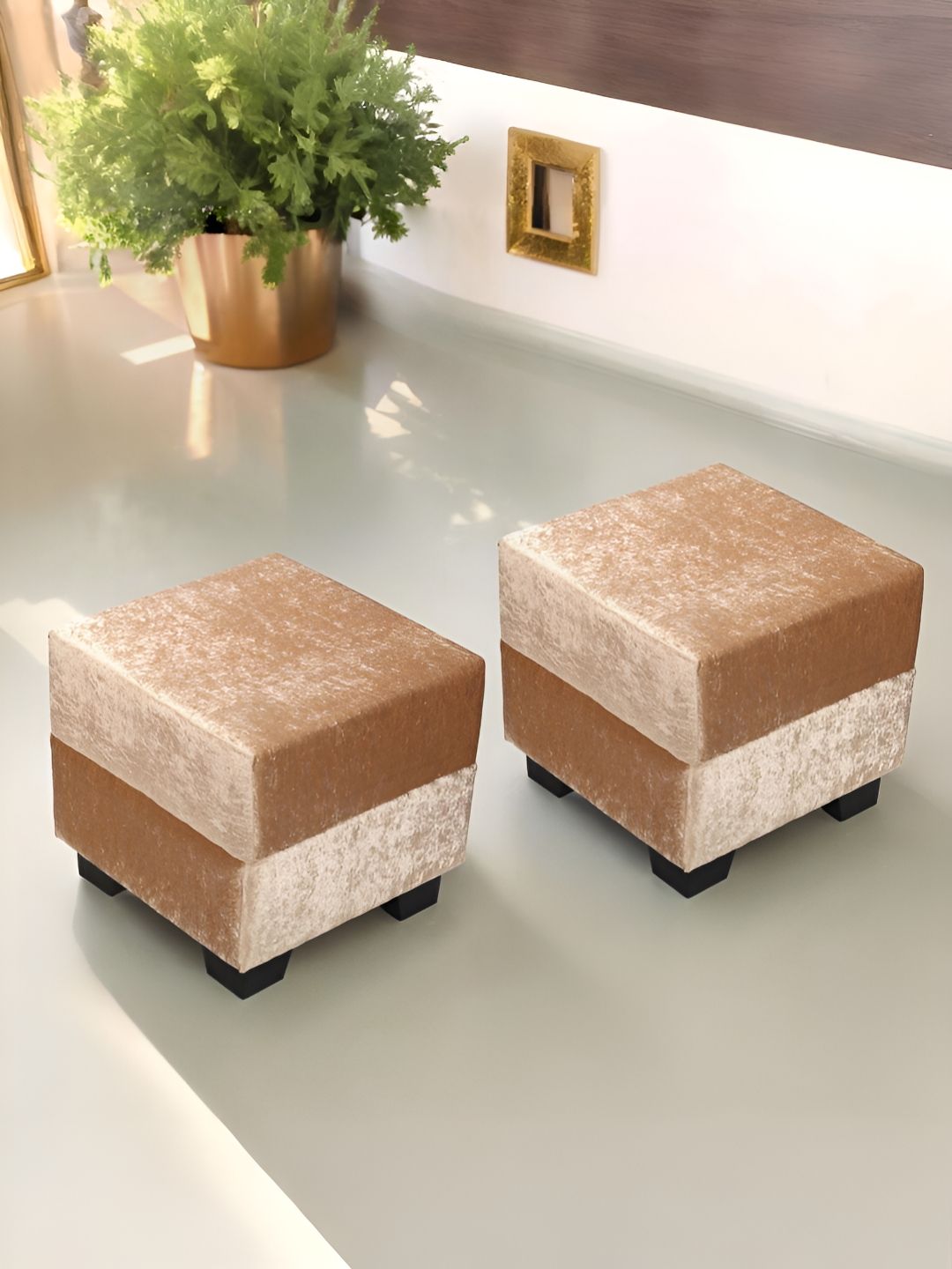 Ikiriya 2-Pcs Beige Sparkling Wooden Square Ottomans
