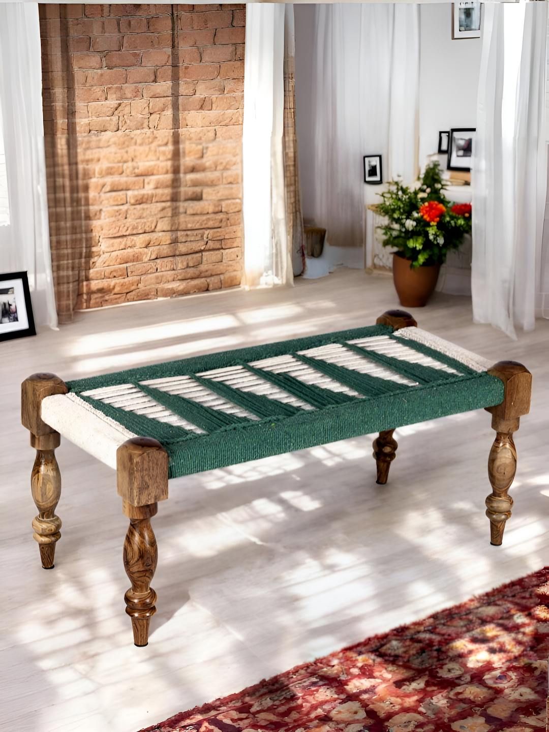 Ikiriya Green & White Wood Vintage 2 Seater Maachi Bench