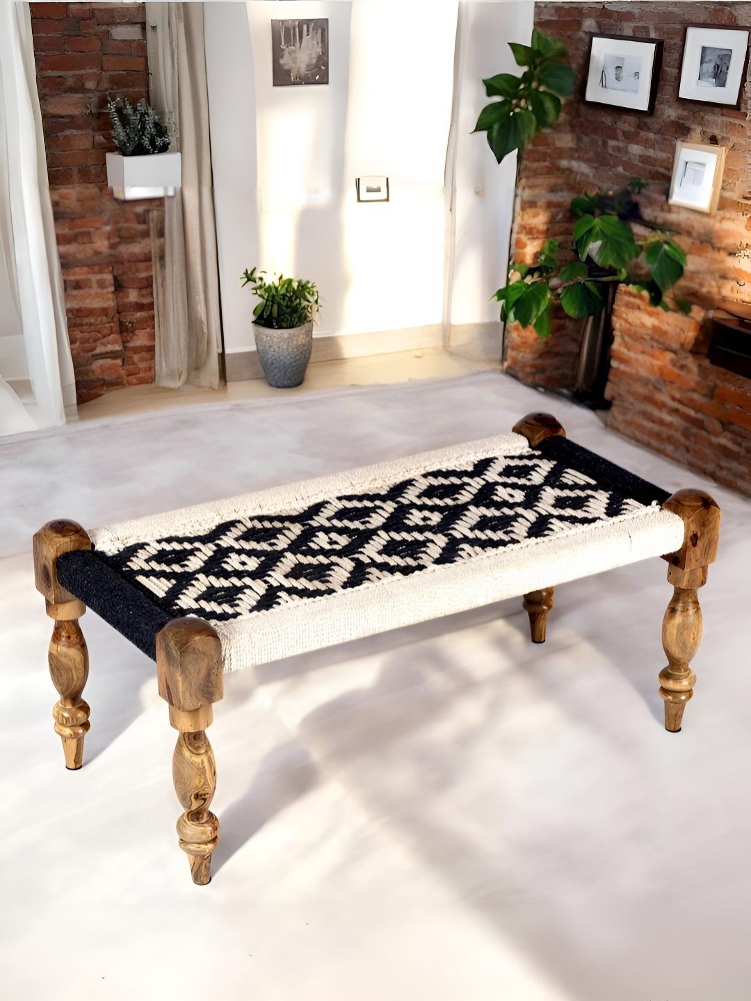 Ikiriya White & Black Printed Wood Vintage 2 Seater Maachi Bench