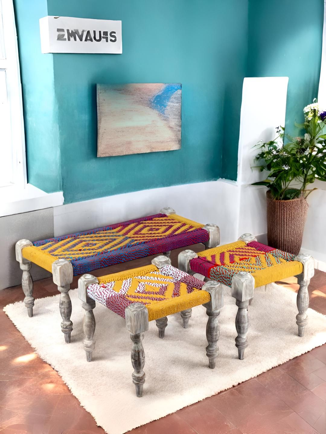 Ikiriya 3-Pcs Yellow & Red Sheesham Wood Anti Skid Bench With Stools