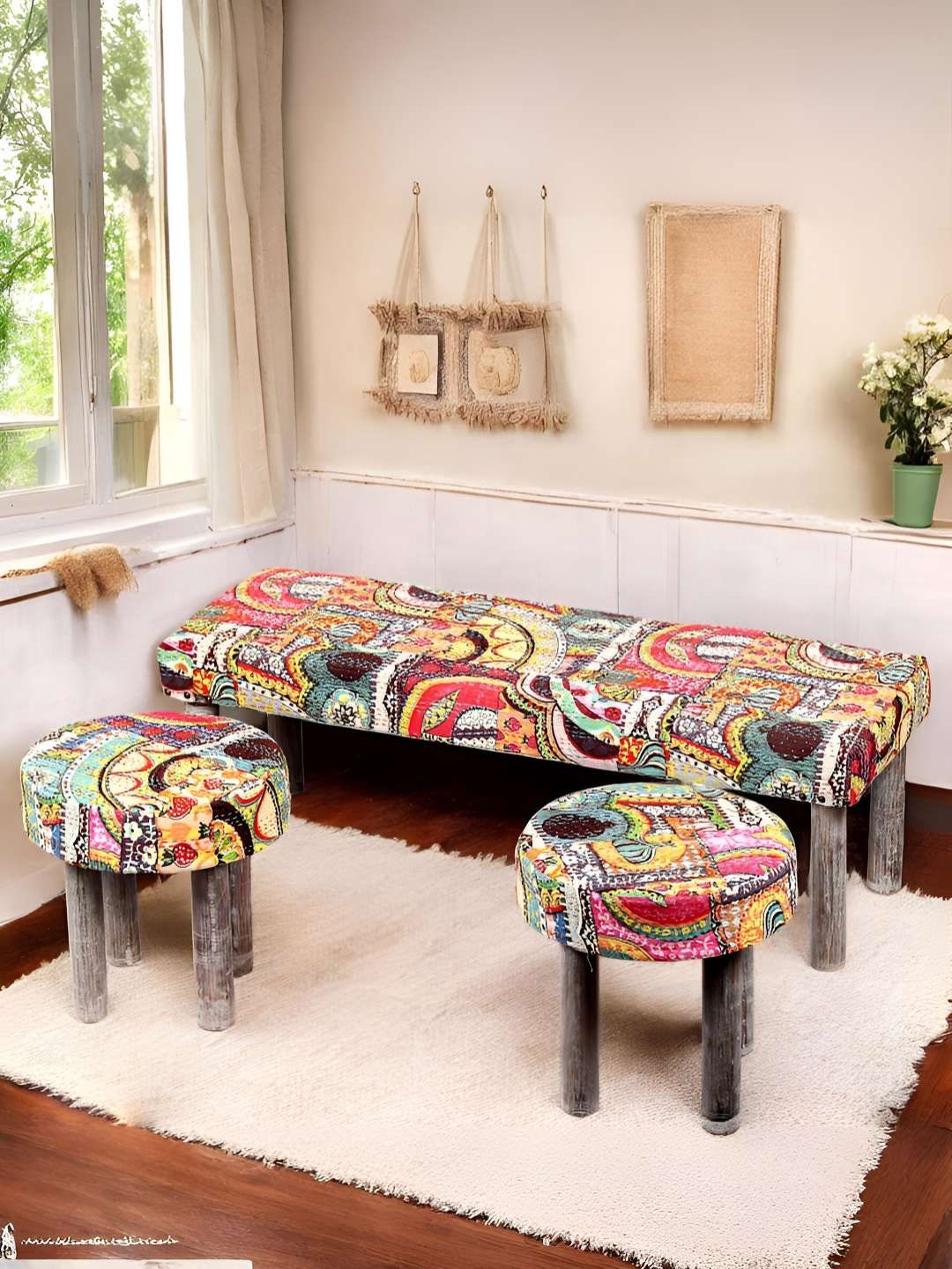 Ikiriya Red & Yellow Printed Sheesham Wood 3-Seater Bench With 2 Stools-picture-21