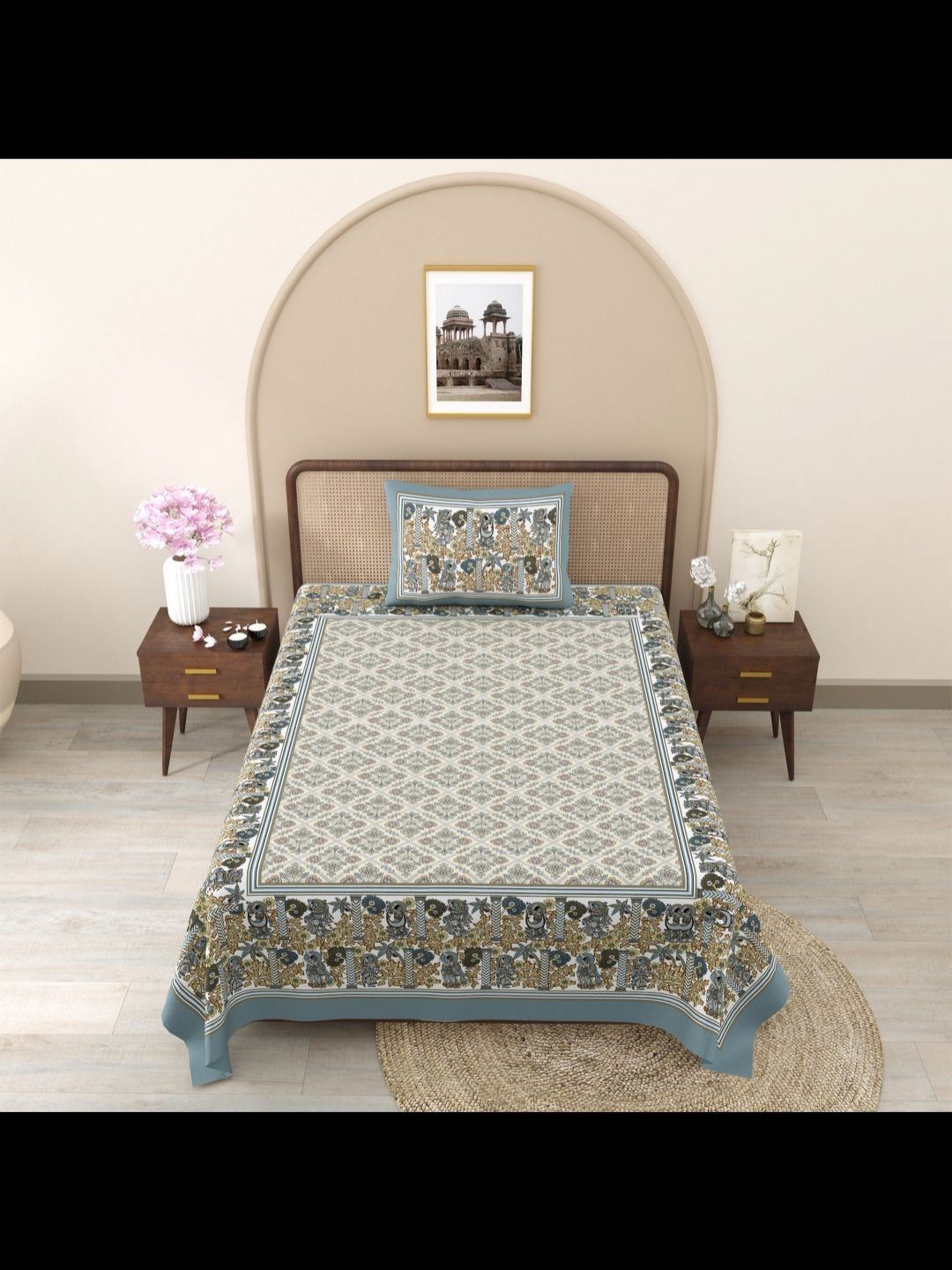 JAIPUR FABRIC Grey & Grey Floral Single Bedsheet with 1 Pillow Covers-picture-56