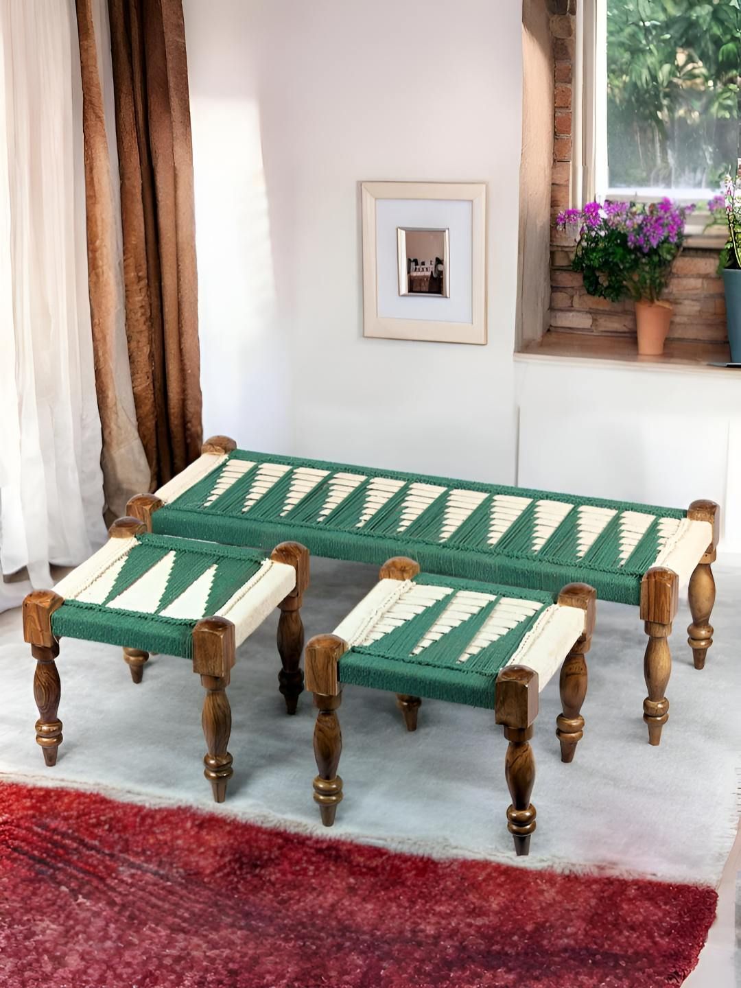 Ikiriya Green & White Textured Sheesham Wood Vintage 3-Seater Maachi Bench With 2 Stools