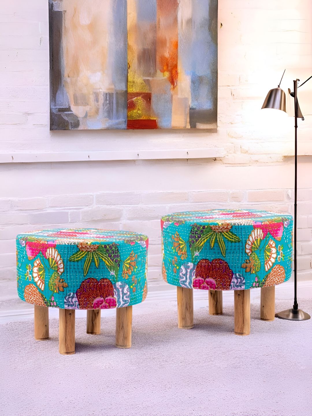 Ikiriya 2-Pcs Green & Pink Embroidered Round Ottomans-image-15