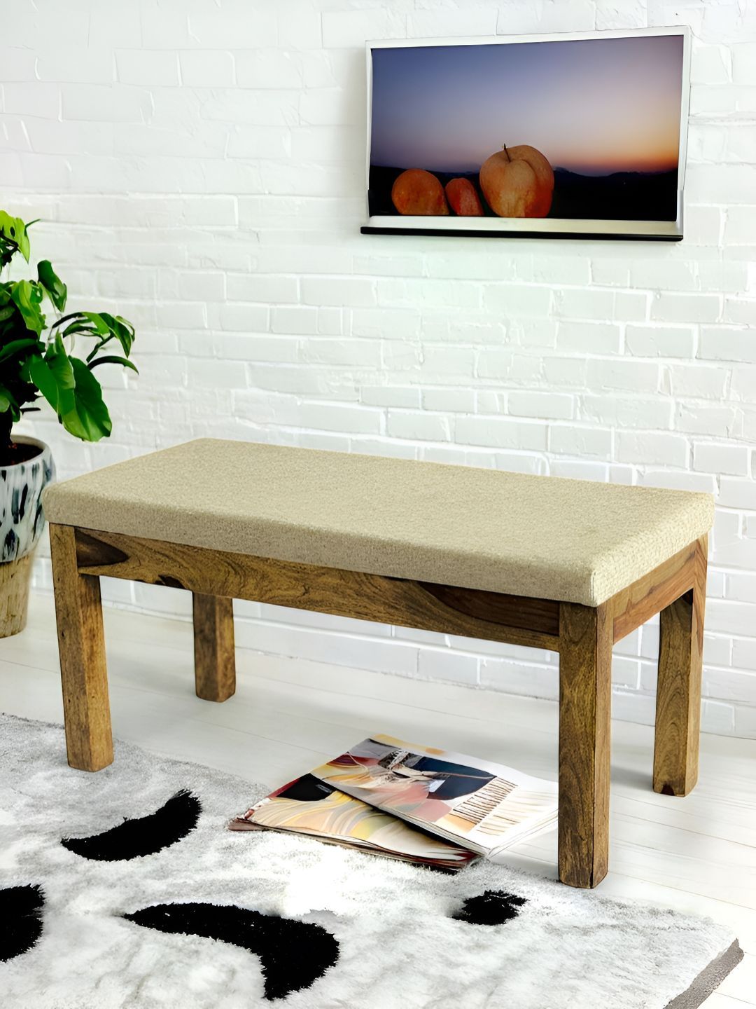 Ikiriya Beige & Brown Wood Accent 2 Seater Bench