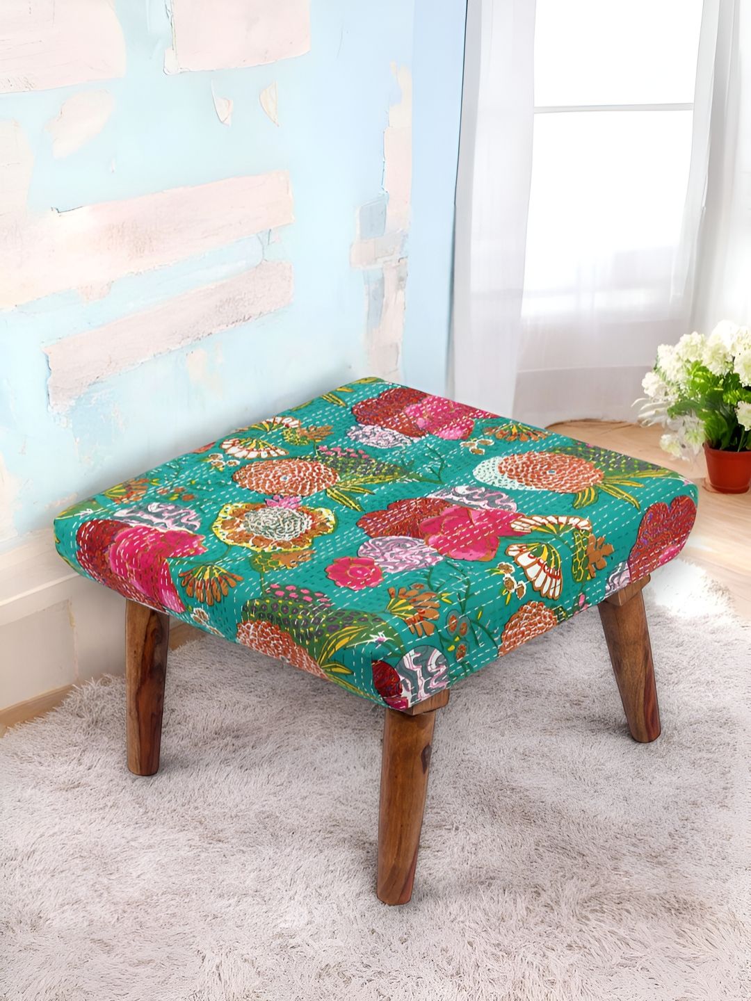 Ikiriya Green & Pink Printed Wooden Cotton Square Ottoman-image-48