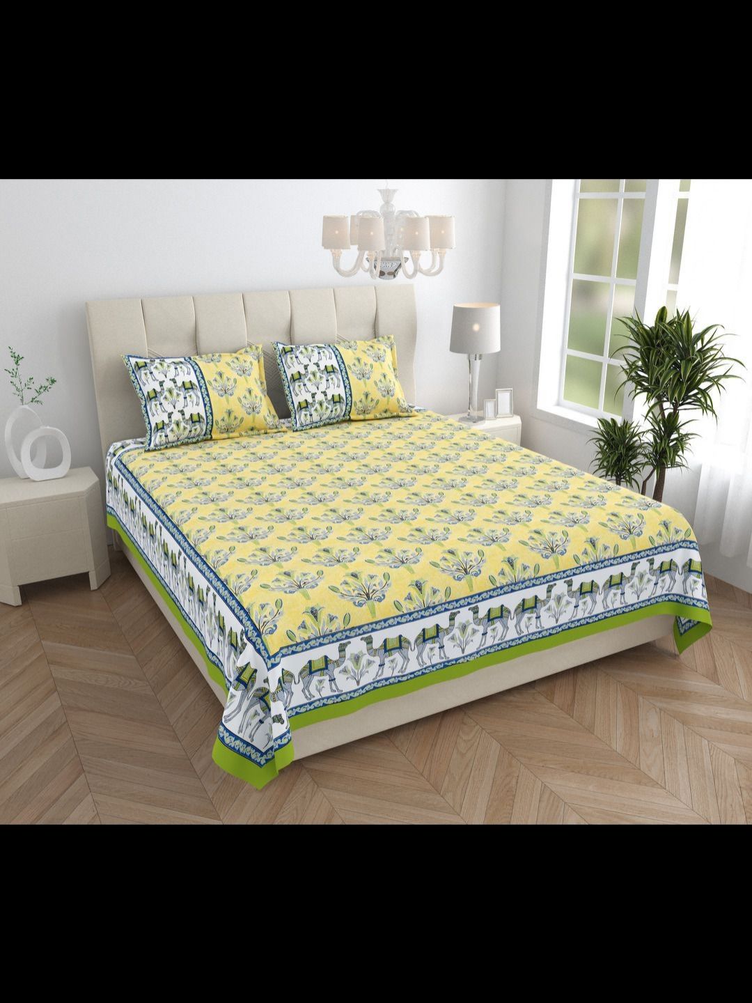 JAIPUR FABRIC Yellow & Green Floral King Bedsheet with 2 Pillow Covers-picture-33