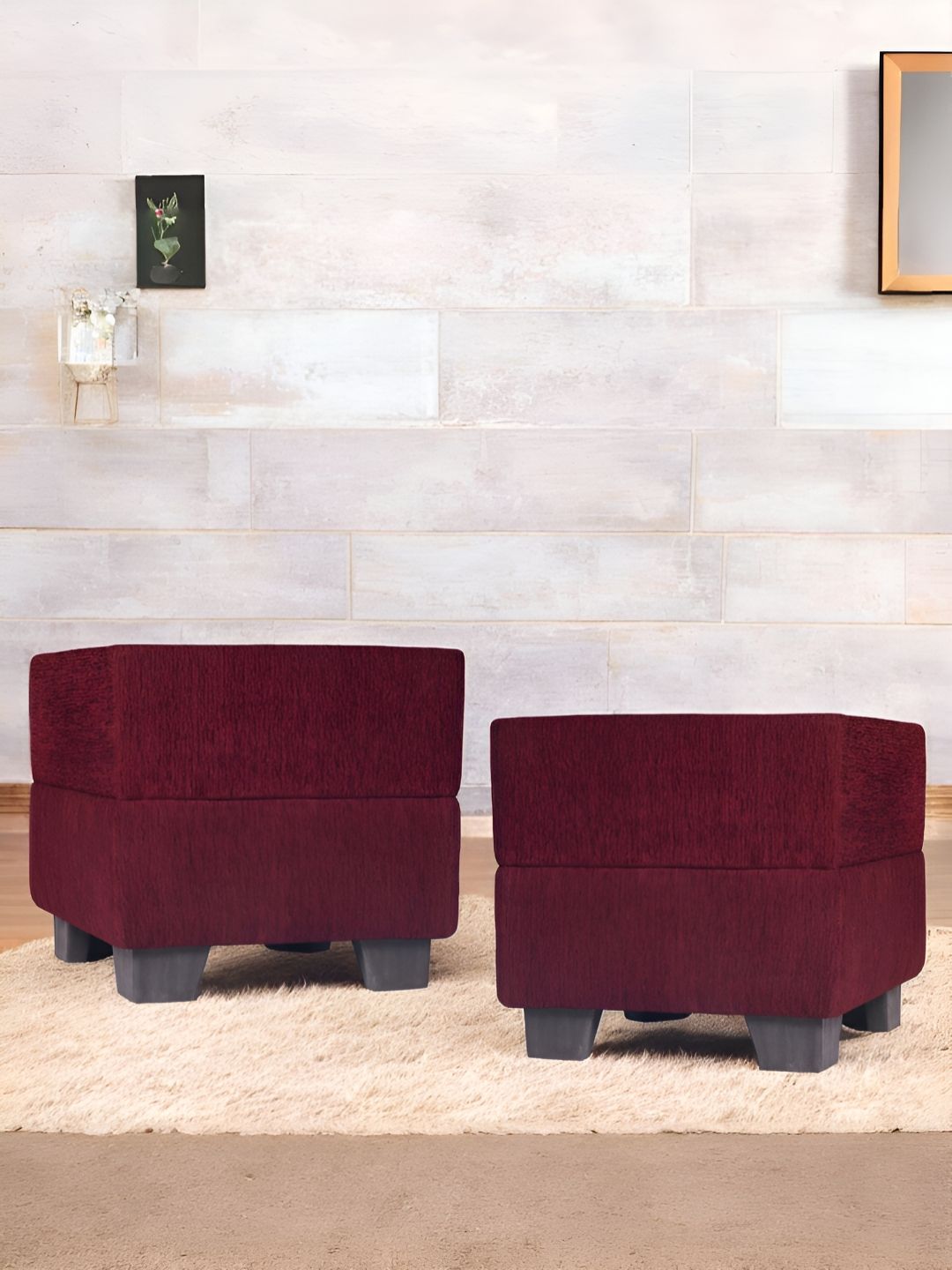Ikiriya 2-Pcs Maroon Wooden Square Ottomans