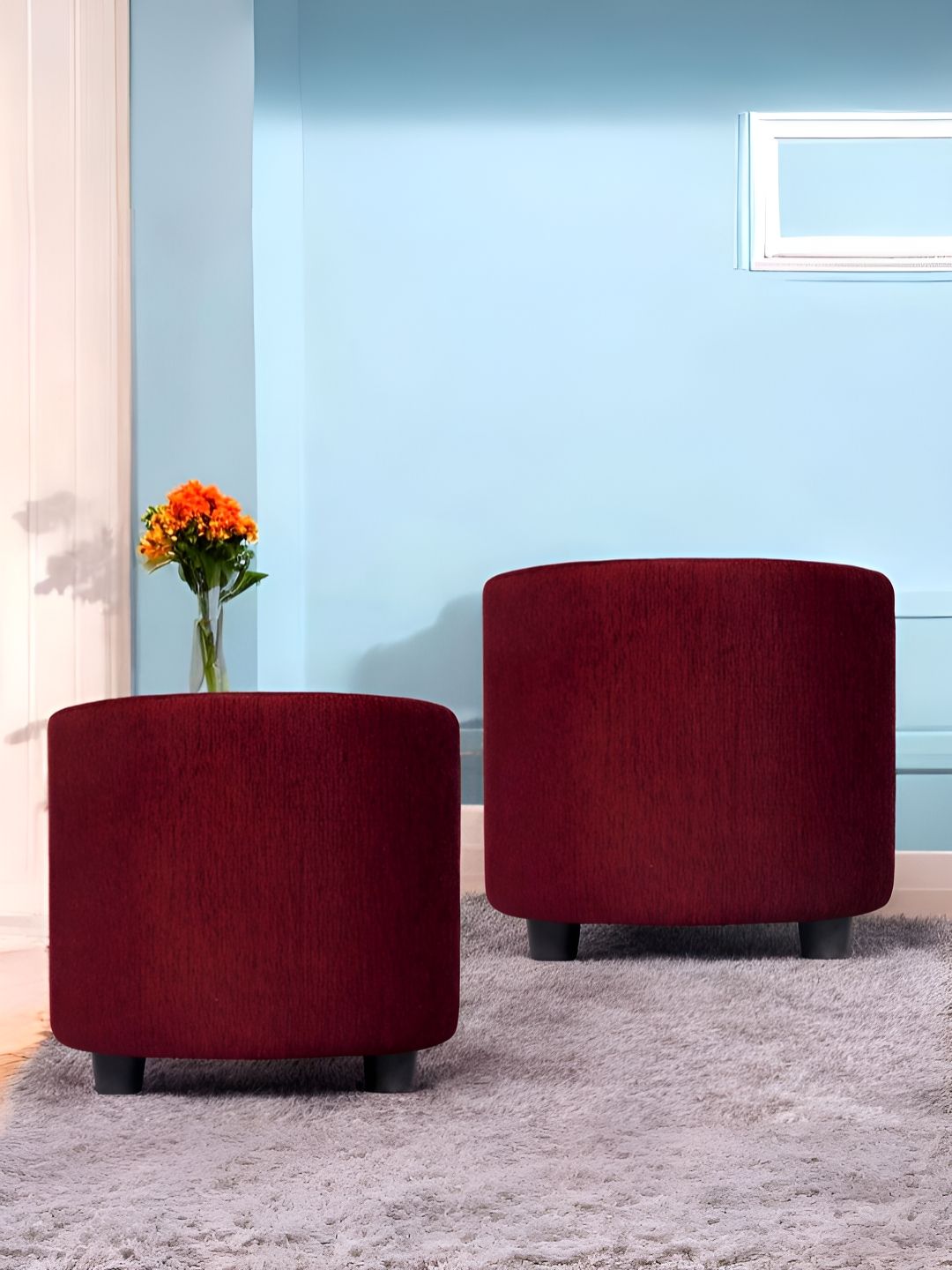 Ikiriya 2-Pcs Maroon Wooden Round Ottomans-image-13