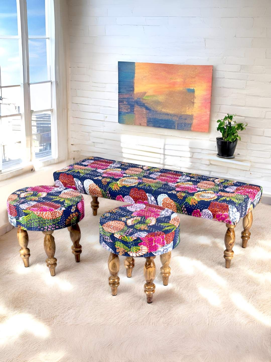 Ikiriya Blue & Pink Wood Mid Century 3 Seater Bench Set with 2 Stools
