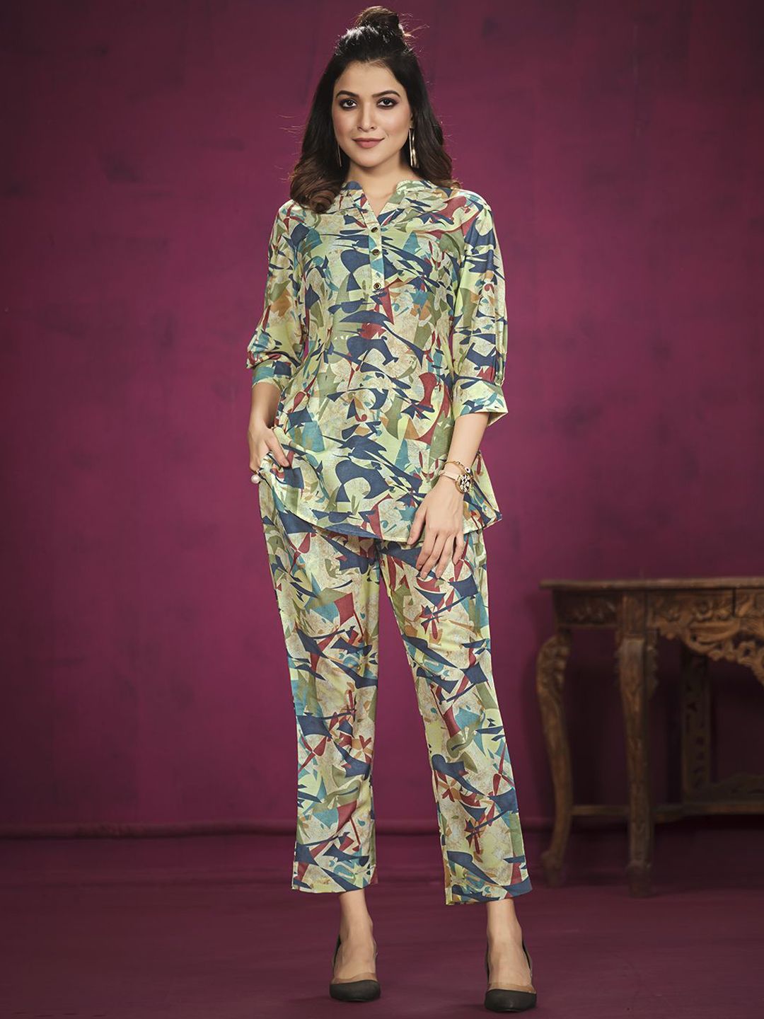all about you Mandarin Collar Printed Top With Trousers